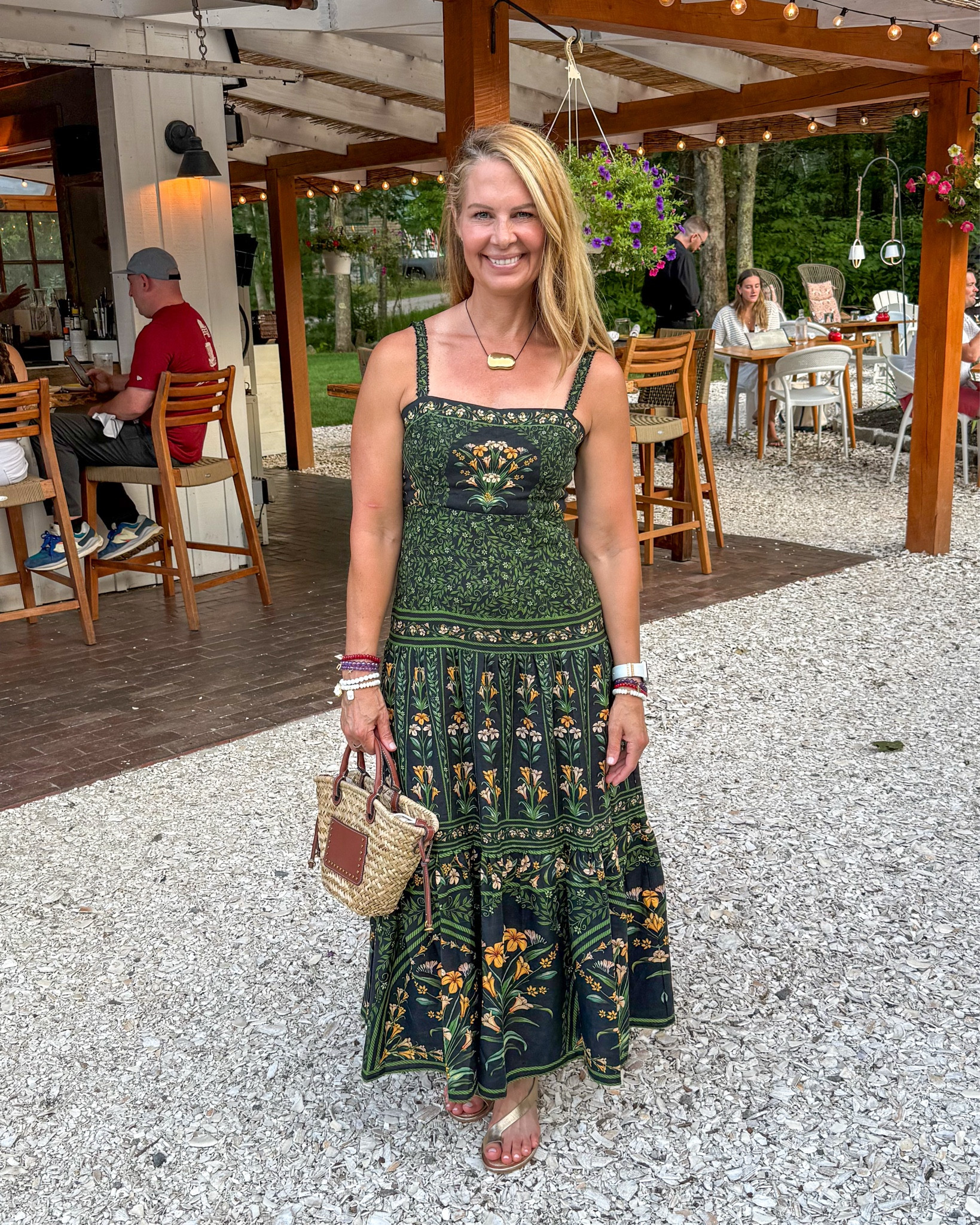 Outfit of the night for 25th wedding anniversary 🤎 The dress is Farm Rio Flowers Arched Linen Maxi Dress with the cutest straw tote from Mango 

Dress runs true to size!  

#LTKSaleAlert #LTKOver40 #LTKStyleTip