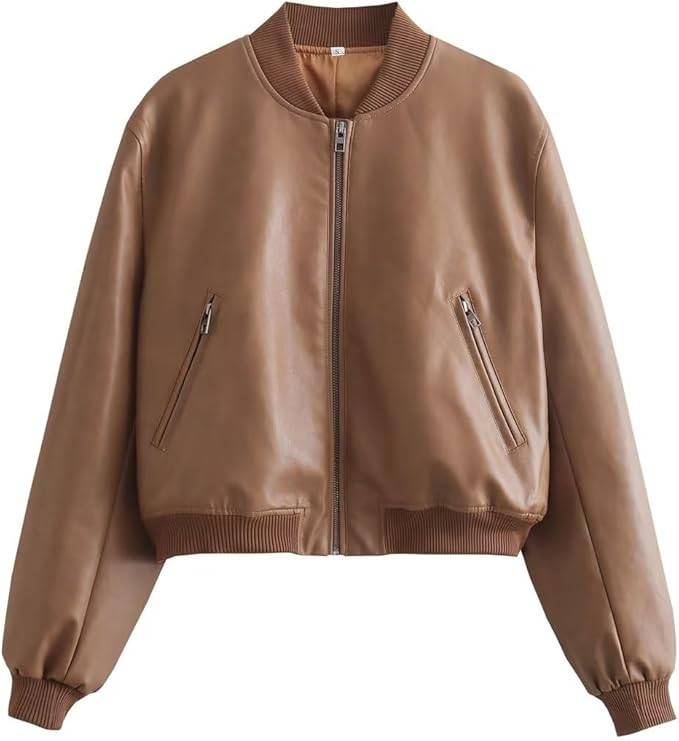 Mundoven Women's Faux Leather Jacket Casual Zip Up Cropped Bomber Motorcycle Jackets with Pockets | Amazon (US)