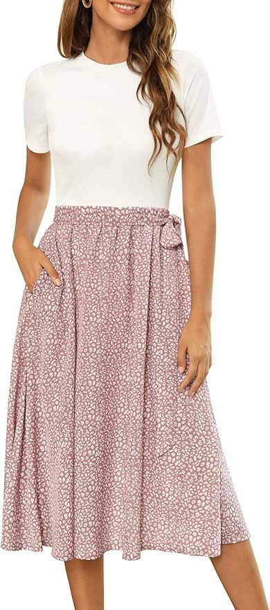 Zattcas Women Short Sleeve Ribbed Midi Dress Modest Casual Work Dress with Pockets | Amazon (US)