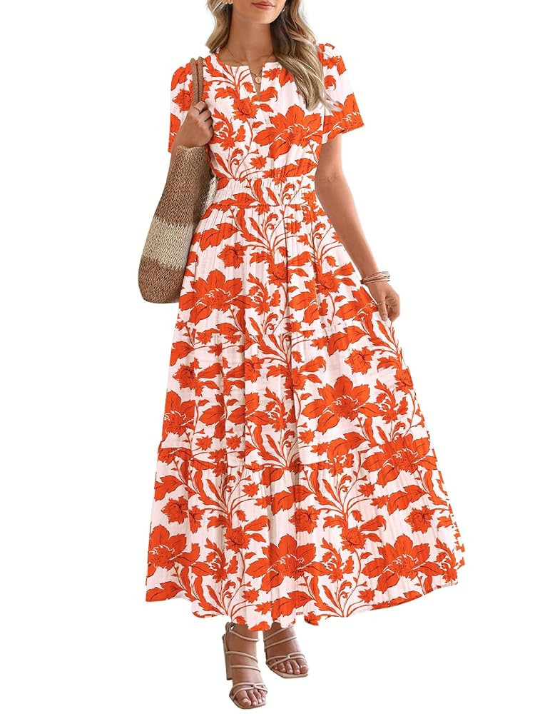 BTFBM Summer Dresses for Women 2025 Floral Casual Short Sleeve V Neck Elastic Waist Maxi Wedding ... | Amazon (US)