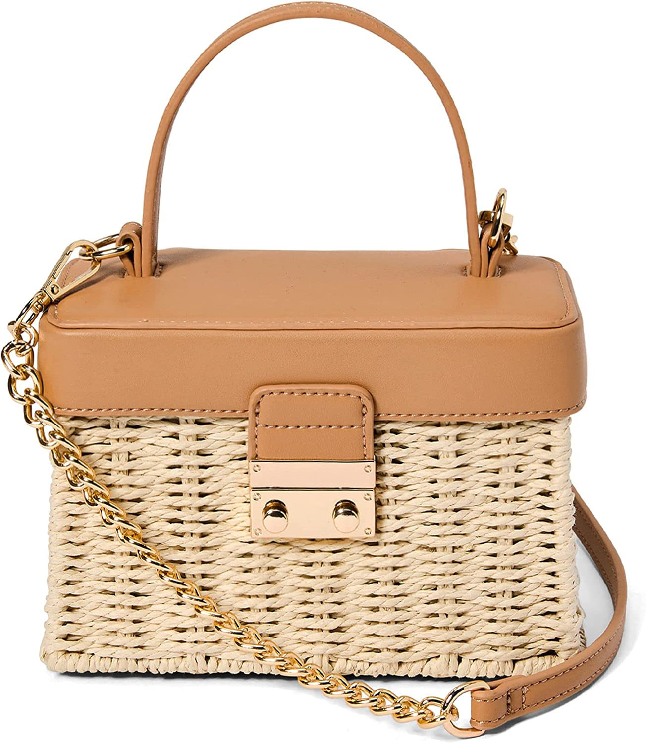 Like Dreams Small Summer Bag for Women Woven Straw Crossbody Vegan Leather Top Handle Plaid Inner... | Amazon (US)