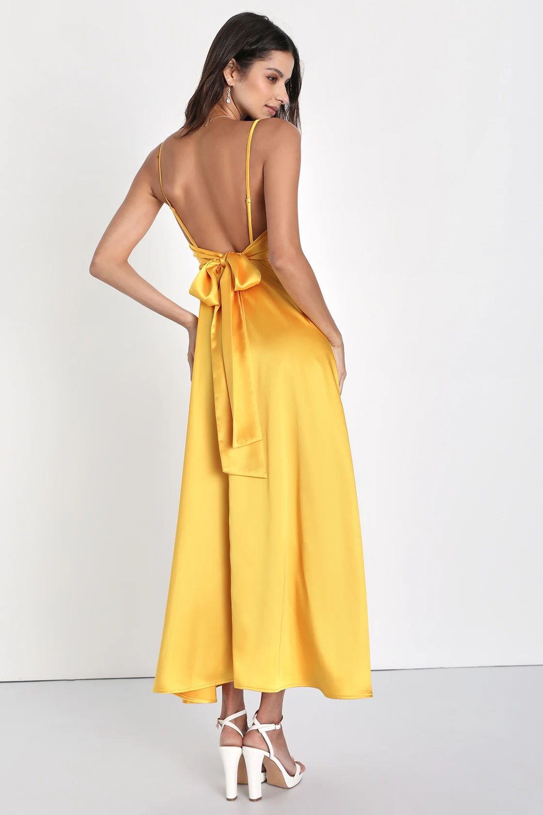 Always Audacious Marigold Yellow Satin Tie-Back Midi Dress | Lulus (US)