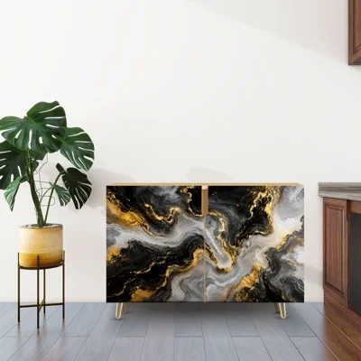 Sideboard Buffet Cabinet with Storage Abstract Black White Gold Marble Design with 2 Doors for Living Room and Kitchen | Wayfair North America