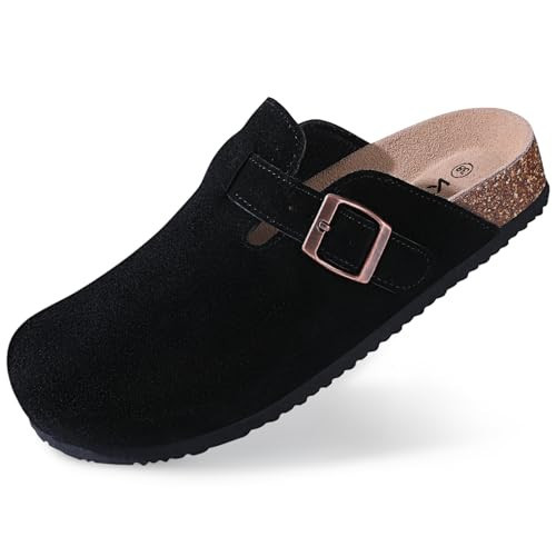 KIDMI Women's Genuine Suede Clogs Cork Footbed Sandals Leather Mules Potato Shoes with Arch Support Black 36 (Size 5.5-6) | Amazon (US)