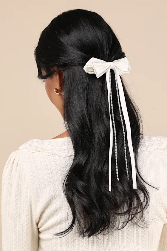 Adorable Dazzle Ivory Rhinestone Long Ribbon Bow Hair Clip | Lulus