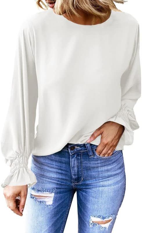 Dokotoo Womens 2023 Summer Long Sleeve Ruffle Bubble Sleeve Casual Loose Shirts Tops and Blouses | Amazon (US)