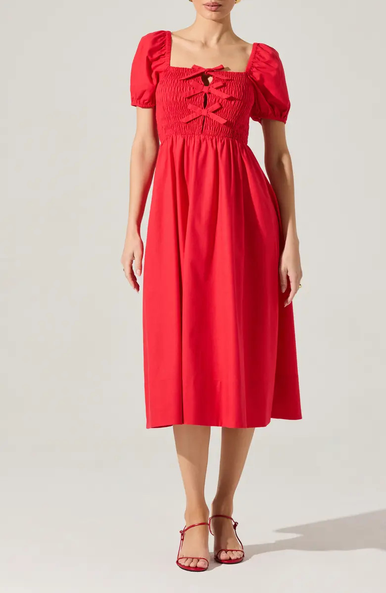 ASTR the Label Bow Detail Smock Bodice Cotton Blend Dress | Nordstrom | Nordstrom
