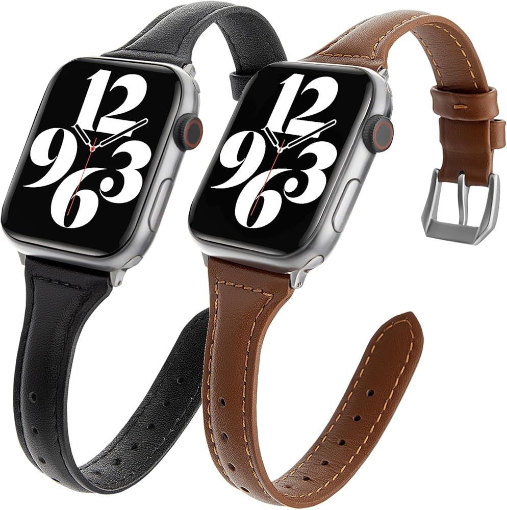 2 pack Slim Genuine Leather Bands Compatible with Apple Watch Band 38mm 40mm 41mm 42mm 44mm 45mm ... | Amazon (US)