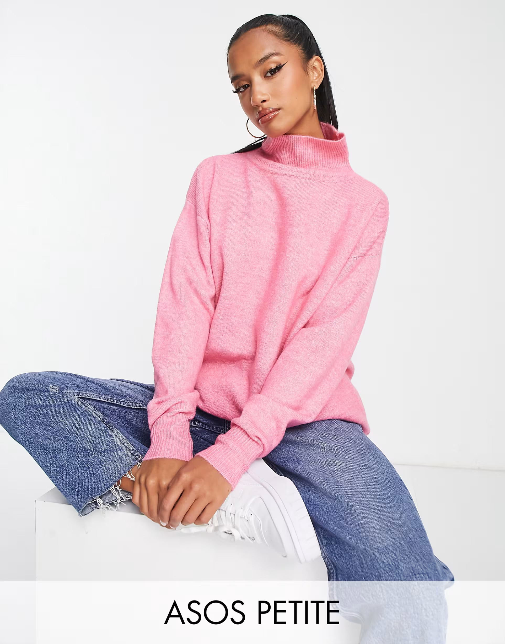 ASOS DESIGN Petite longline sweater with high neck in pink | ASOS (Global)