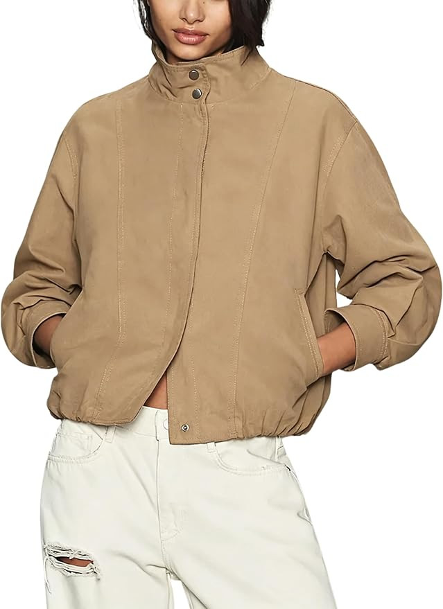 Women's Cropped Utility Jacket Funnel Neck Coat with Side Pockets | Amazon (US)