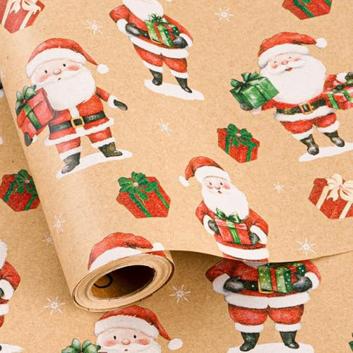Burymento Christmas Wrapping Paper, Kraft Santa Claus Presents Design Gift Wrapping Paper Suitable for Christmas, Mini Roll (17 Inch X 32.8 Feet) | Amazon (US)