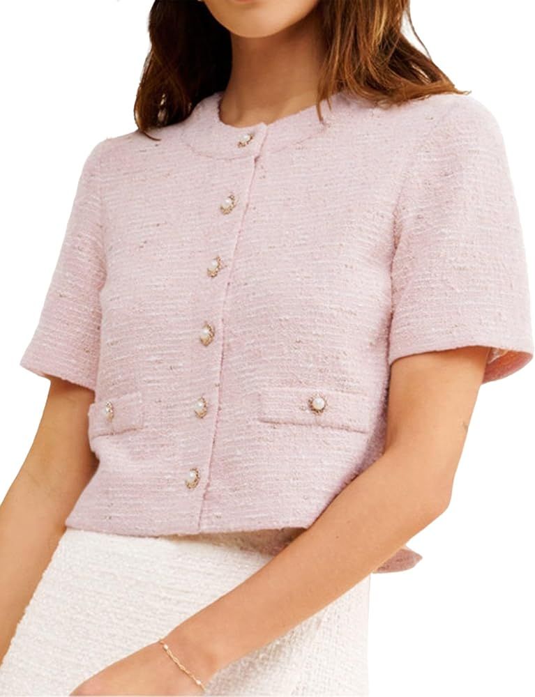 Women Short Sleeve Tweed Jacket Cropped Elegant Pearl Button Down Crew Neck Top Office Business B... | Amazon (US)