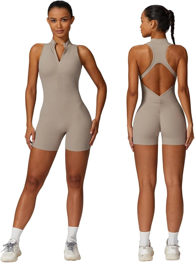 Sleeveless Workout Jumpsuit for Women Zip Up Romper Shorts V Back Scrunch Sexy One Piece | Amazon (US)