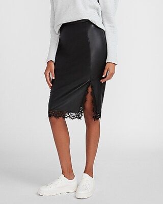 High Waisted Lace Trim Vegan Leather Pencil Skirt | Express