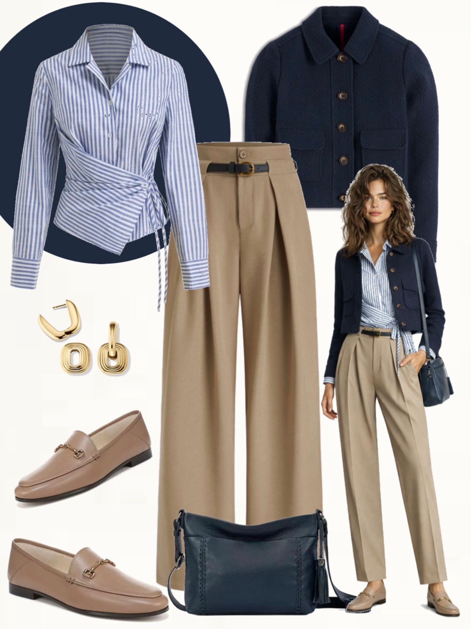 Blue and white striped wrap blouse paired with beige high-waisted tailored trousers and a navy structured jacket. Styled with beige leather loafers, a navy crossbody bag, and gold statement earrings for a polished, effortless look.
#springstyle #workwearoutfits #effortlesschic

#LTKSeasonal #LTKOver40 #LTKootd