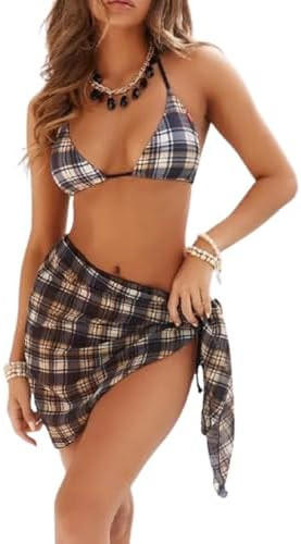 Women 3 Piece Bikini Sets with Skirt Halter Bikini Top Sexy Triangle Bikini Bottoms Beach Swimsui... | Amazon (US)