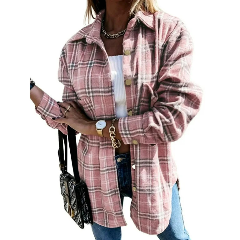UVN Flannel Plaid Shirts for Women Shacket Jacket Long Sleeve Button Down Shirt Coats Top | Walmart (US)