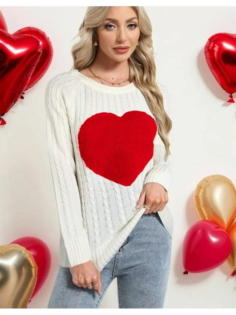 Heart Sweaters for Women Valentine's Day Fleece Heart Patch Cable Knit Pullover Sweater Shermie | Walmart (US)