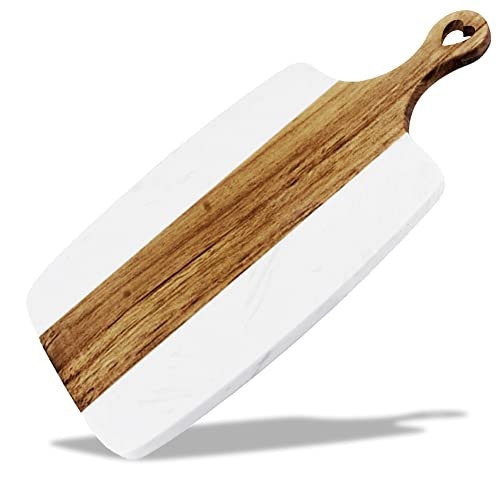 The Live Edge - Acacia Wood Small Marble and Wooden Decorative Cutting Board for Kitchen, White Marble and Wood Charcuterie Board, Small Wooden Marble Cheese Board With Handle Serving, Chopping Board | Amazon (US)