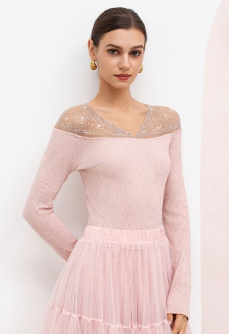 Rhinestone Mesh Panel Ribbed Knit Top in Pink for Club Nights & Weekend Getaways | Chicwish