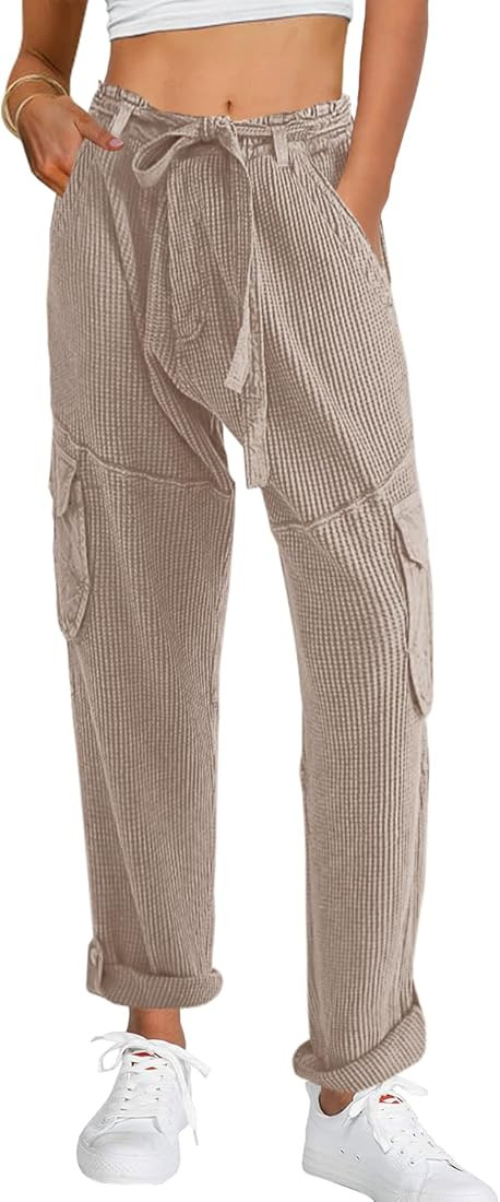 Womens Casual Waffle Knit Cargo Pants Baggy Relaxed Fit Pants Streetwear Trouser with Pockets | Amazon (US)