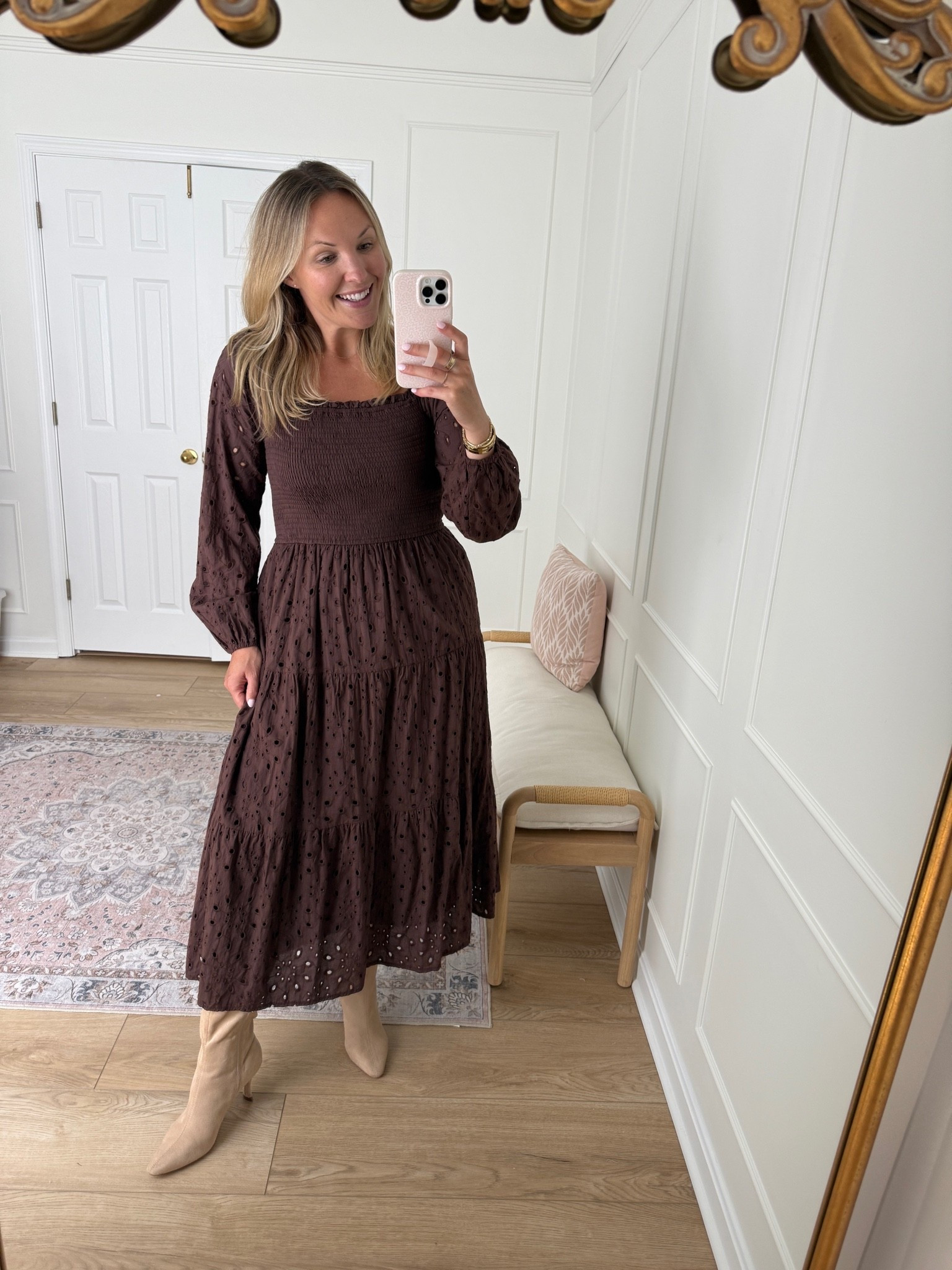 Love the eyelet details and deep brown! Wearing a med

#LTKSeasonal #LTKMidsize