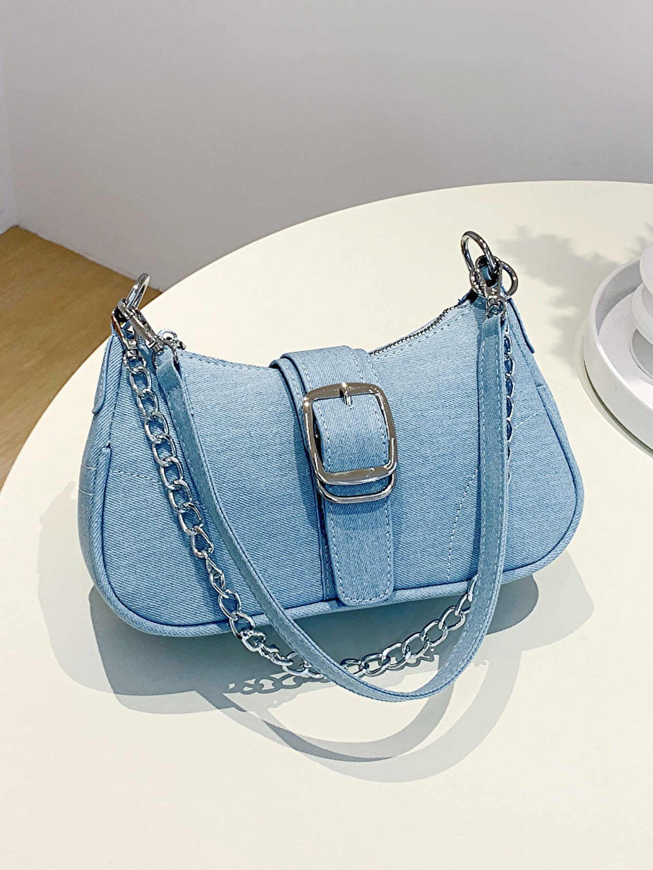 Chain Decor Denim Baguette Bag | SHEIN