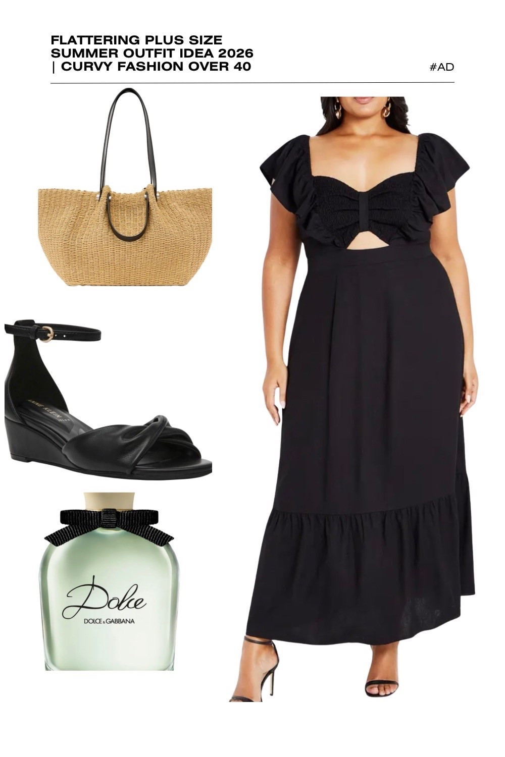 Elevate your evening style with this edgy black plus size summer outfit idea for 2026! This flattering cutout maxi dress is a standout choice for curvy fashion over 40, featuring a unique ruffled bow-style bodice, a tasteful midriff cutout, and a tiered ruffle hem. This silhouette is designed to celebrate your curves while offering a modern, high-fashion vibe.
We’ve styled this sophisticated black sun dress with a large straw shopper tote with black leather handles and comfortable black ankle-strap wedge sandals. The look is finished with the fresh, floral elegance of Dolce & Gabbana Dolce Eau de Parfum. Whether you're planning a summer date night or looking for chic resort wear, this look is a 2026 wardrobe essential. #PlusSizeFashion #BlackMaxiDress #CutoutDress #SummerOutfits2026 #CurvyStyle #DolceGabbana #SummerNoir