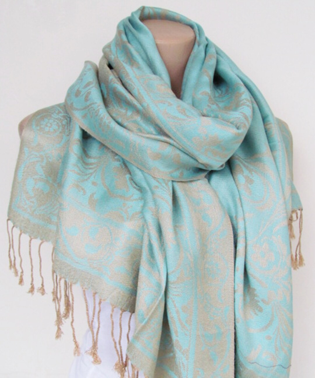 Aqua Blue Beige Pashmina Scarf Oversize Shawl Wrap Stole Gift for Mothers Christmas Bridesmaid Wo... | Etsy (UK)