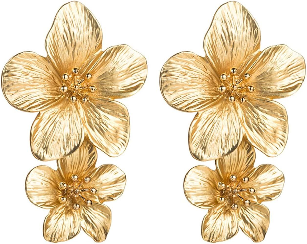 Gold Sculptural Flower Earrings Gold Statement Earrings for Women Exaggerated Flower Floral Earri... | Amazon (US)