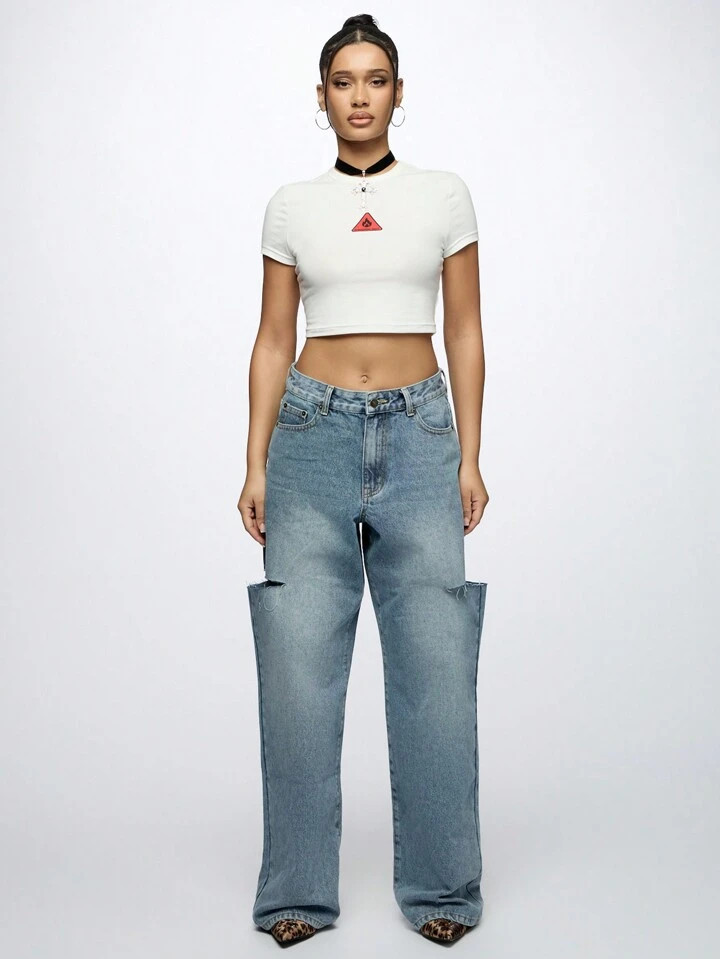 SUMWON WOMEN Designer Loose Fit Ripped Knee Wide Leg Jeans Y2K Style Vintage Inspired High Rise F... | SHEIN