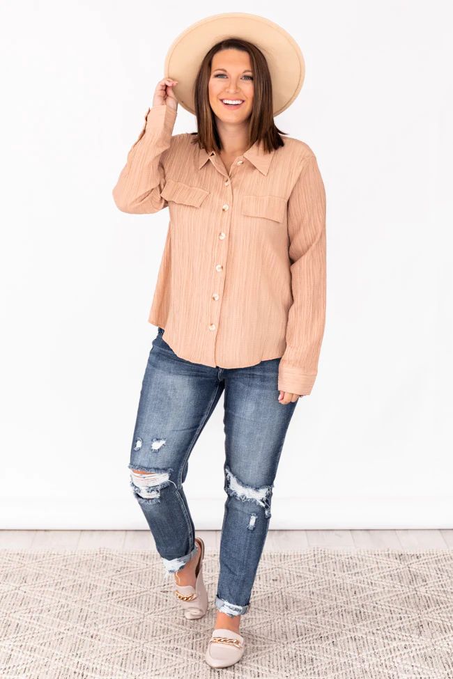 Deal Breaker Beige Textured Button Down Blouse | The Pink Lily Boutique