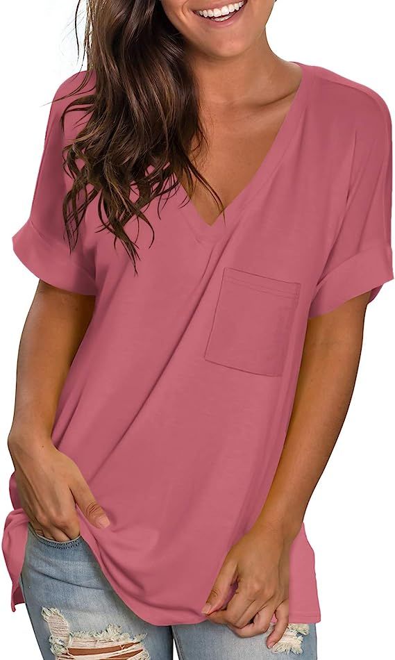 NSQTBA Womens Basic V Neck T Shirts Rolled Short Sleeve Summer Casual Tops with Pocket S-2XL | Amazon (US)