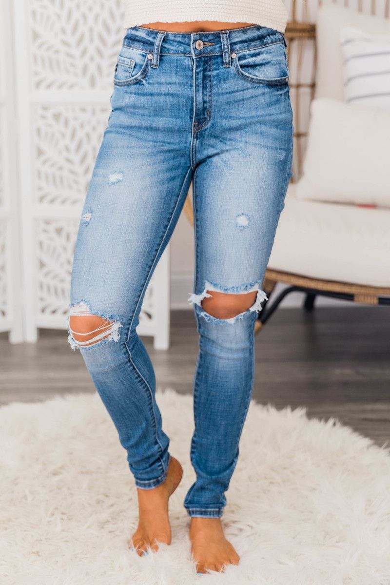 Avery High Rise Distressed Jeans Medium Wash | The Pink Lily Boutique