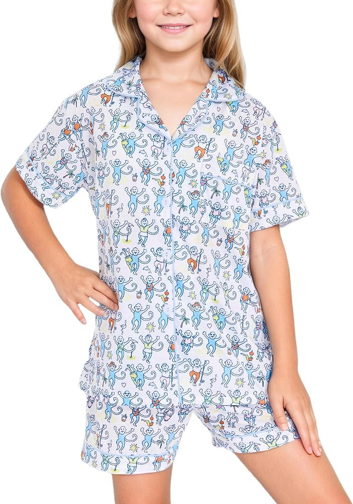 HMPEAIIY Cute Monkey Pajamas Set for Girls, Kids Summer Button Down Matching Y2k Loungewear PJs C... | Amazon (US)