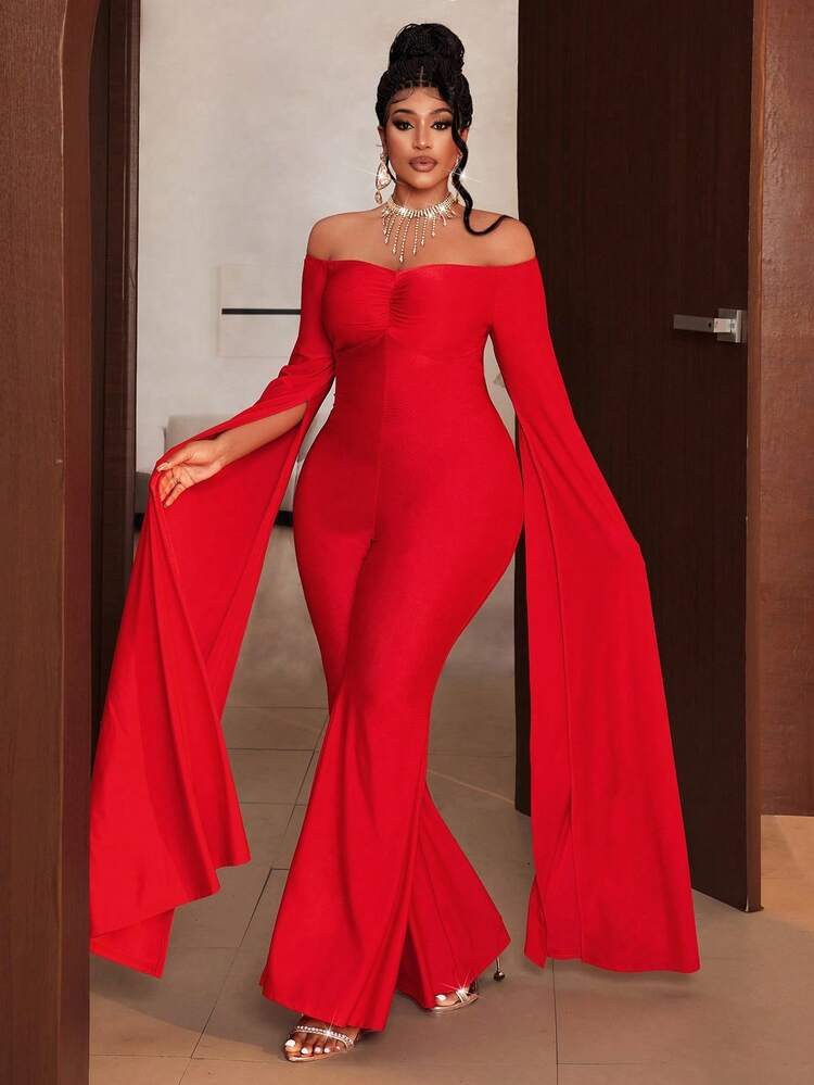 Maweii Plus Size Sexy Red Off-Shoulder Jumpsuit, Perfect For A New Year's Party. | SHEIN