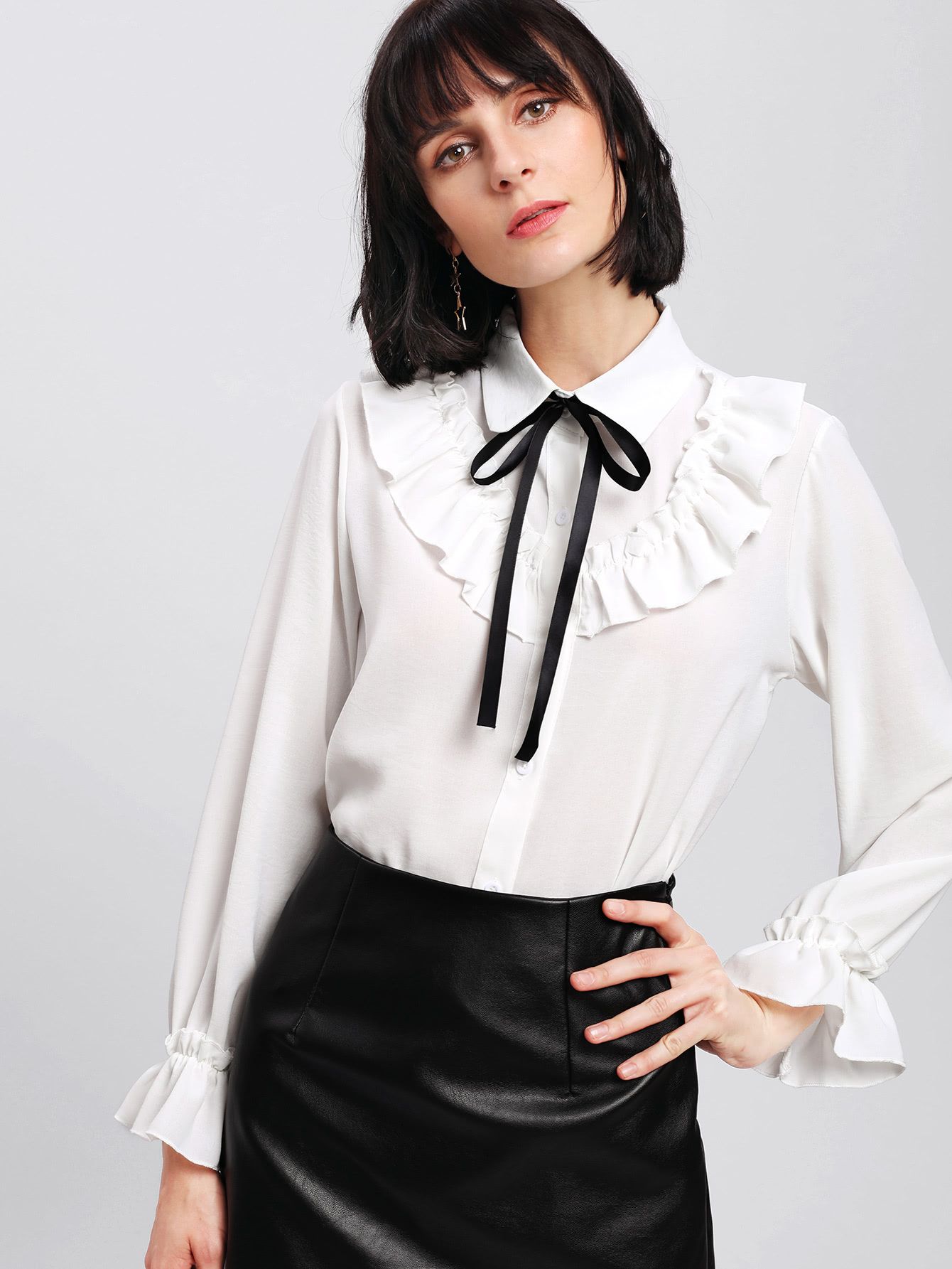 Frill Detail Bow Tie Neck Blouse | SHEIN