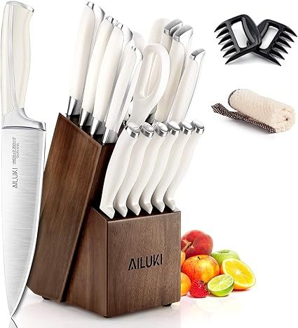 Knife Set,18 Piece Kitchen Knife Set with Block Wooden and Sharpener, Professional High Carbon Ge... | Amazon (US)