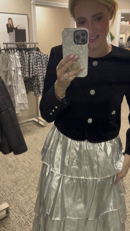 Born on Fifth x Dillard’s Collection launching Monday October 23 at 10 am! 
 
I’m 5’9 135 lbs and normally wear a size 6 medium. 

Metallic Skirt - I sized down from a size 6 to a size 4. 

Jacket - wearing my normal size 6! 

Grandmillennial, holiday outfit, holiday, holiday skirt, black velvet jacket, Christmas outfit, new years outfit 

#LTKparties #LTKHoliday