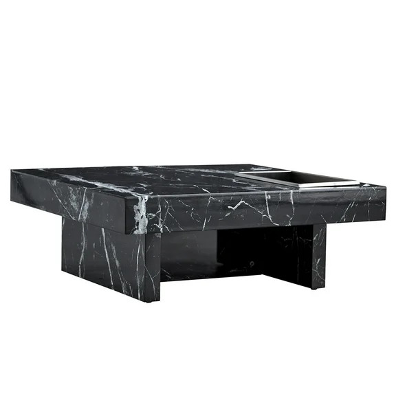 SainSpeed Modern Black Coffee Table, 31.4" x 31.4" x 12" Square Center Table, Black Faux Marble P... | Walmart (US)