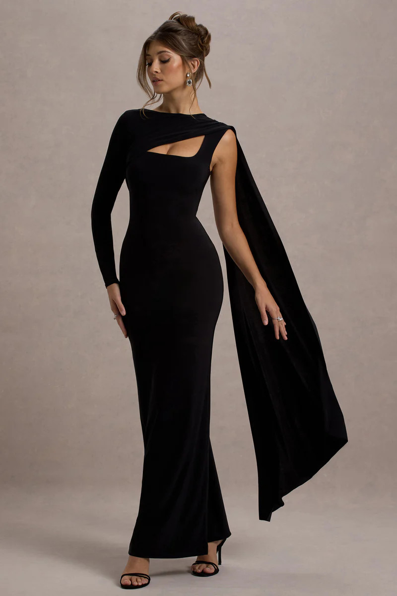 Ashini | Black One-Sleeve Maxi Dress With Cape | Club L London