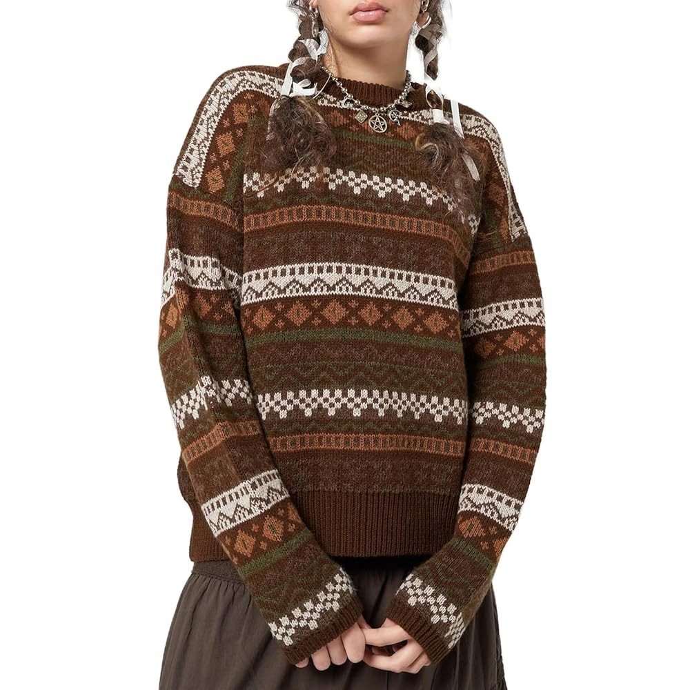 Women Y2K Argyle Striped Pullover Sweater Casual Long Sleeve Round Neck Vintage Preppy Style Pull... | Amazon (US)