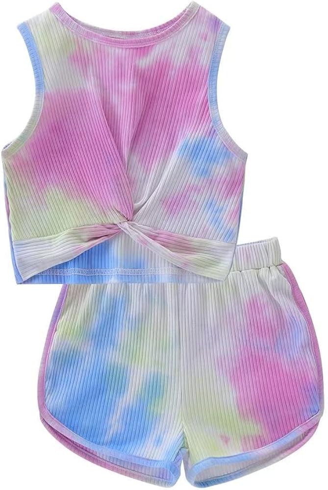 PFLD Girl's Summer Tie-Dye Outfit Crop Tank Top and Athletic Shorts 2PCS Clothes Set | Amazon (US)