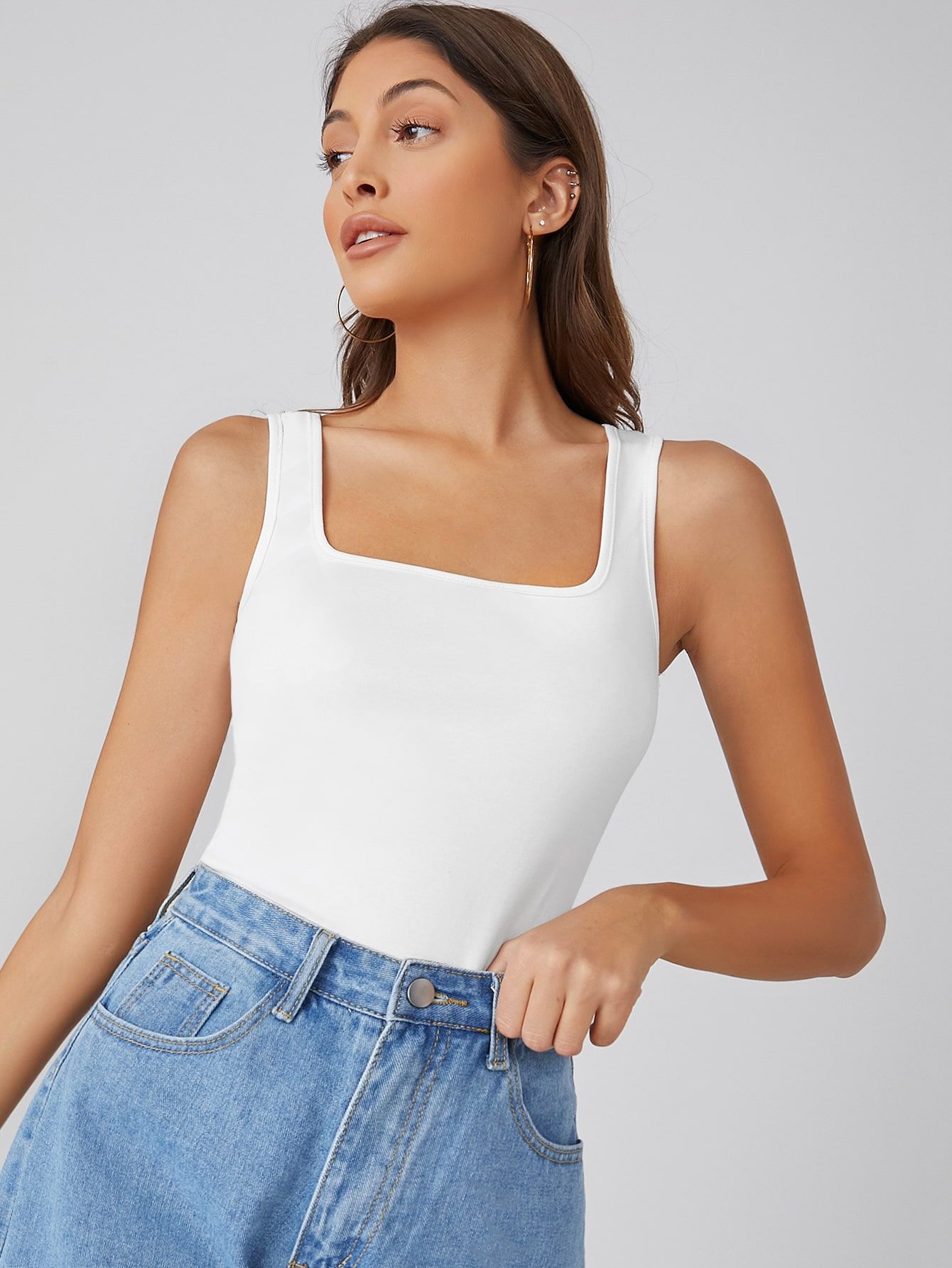 SHEIN BASICS Square Neck Solid Tank Top | SHEIN