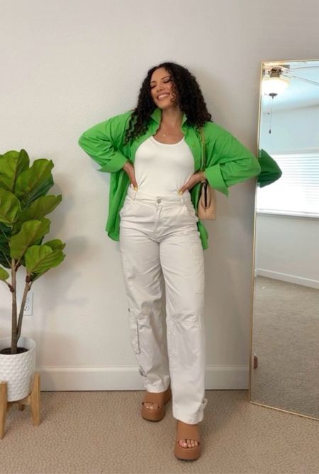 Linked similar beige cargo pants, tan clogs from Target, gold layered necklace,  clutch, and similar green button down shirt. 

#LTKstyletip #LTKfindsunder50 #LTKitbag