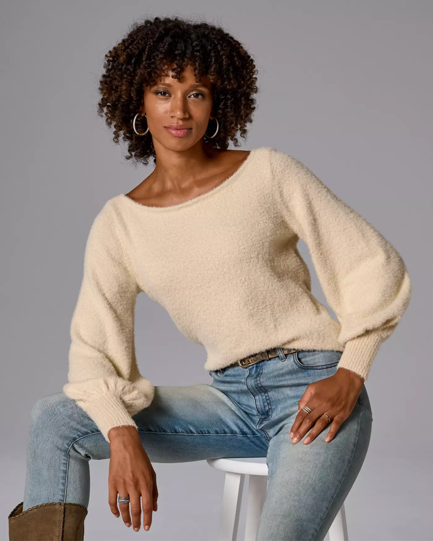 Plush Slouchy Balloon Sleeve Sweater - Sandshell | Boston Proper | Boston Proper