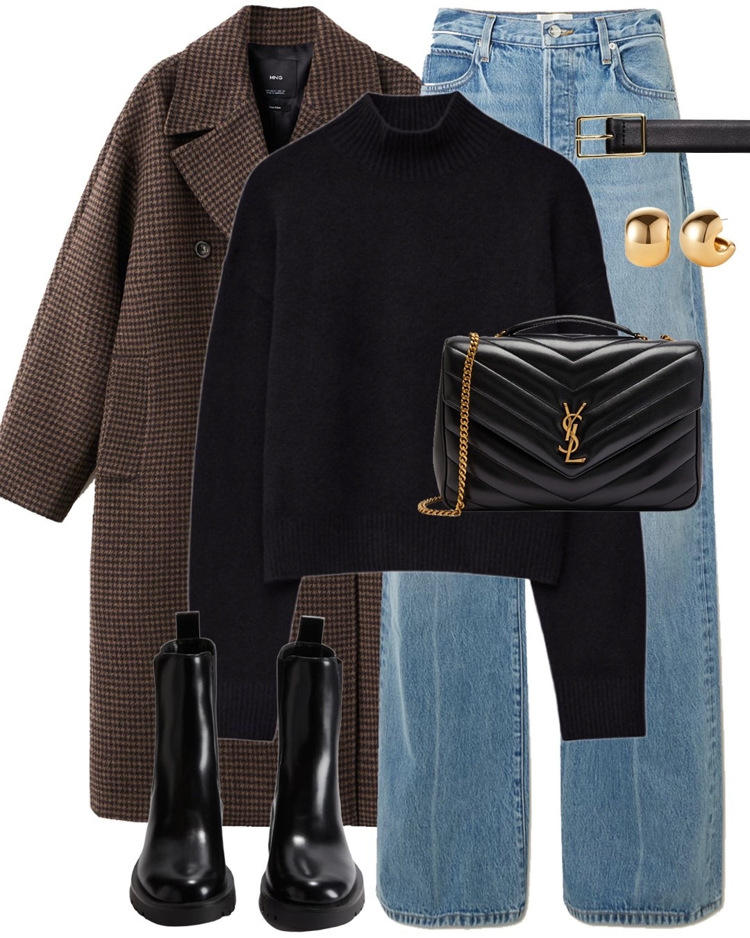 Loose blue jeans houndstooth wool coat black flat ankle boots black jumper Ysl black quilted bag casual chic outfit 

#LTKuk #LTKwinter #LTKxHarveyNichols