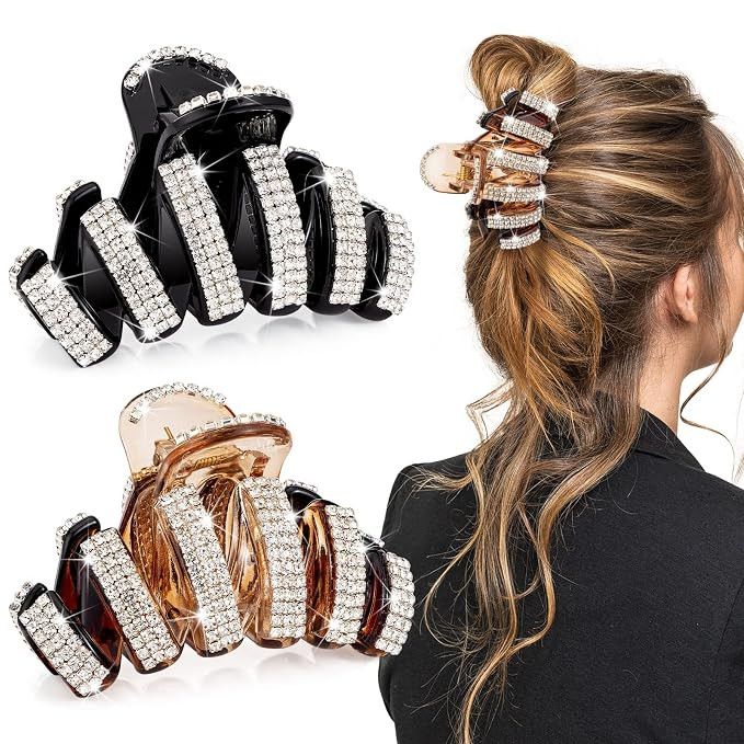 Noverlife 2PCS Crystal Rhinestone Hair Clamps for Women - Acrylic Large Bling Jaw Clips with Stro... | Amazon (US)