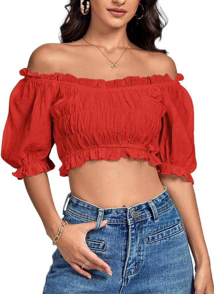 LYANER Women's Off Shoulder Ruffle Trim Ruched Short Sleeve Blouse Crop Top | Amazon (US)