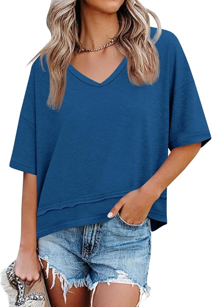 Cicy Bell Womens Summer V Neck T Shirts Casual Short Sleeve Flowy Tops Cute Loose Fit Basic Tees | Amazon (US)